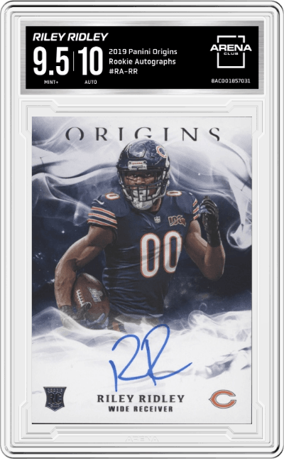 Riley Ridley from the 2019 Panini Origins Football set graded by Arena Club and given an overall grade of 9.5.