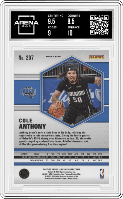 Cole Anthony from the 2020-21 Panini Mosaic set featuring a Reactive Yellow parallel graded by Arena Club and given an overall grade of 9.