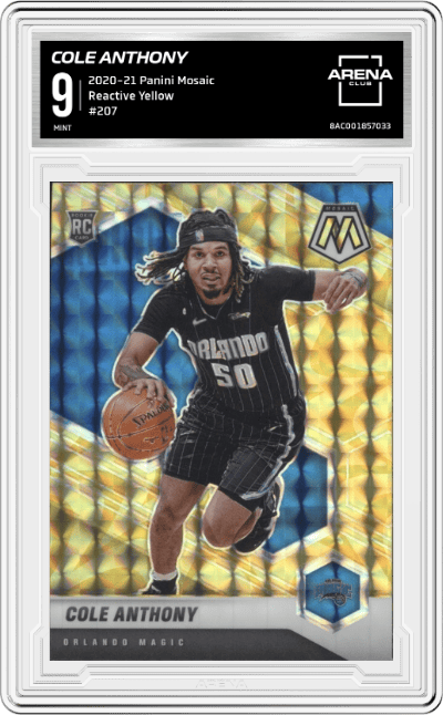 Cole Anthony from the 2020-21 Panini Mosaic set featuring a Reactive Yellow parallel graded by Arena Club and given an overall grade of 9.