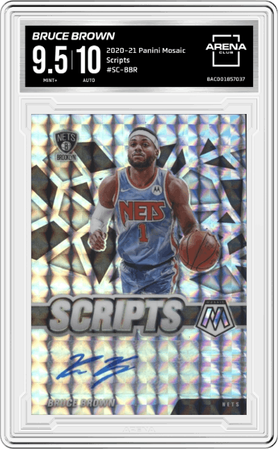 Bruce Brown from the 2020-21 Panini Mosaic set graded by Arena Club and given an overall grade of 9.5.
