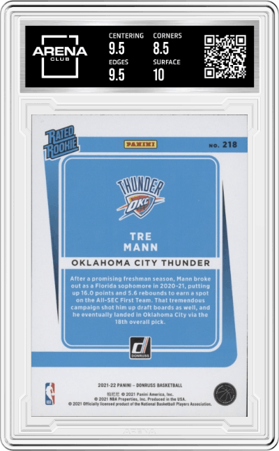 Tre Mann from the 2021-22 Panini Donruss set featuring a Orange Holo Laser parallel graded by Arena Club and given an overall grade of 9.