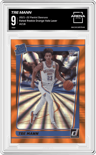 Tre Mann from the 2021-22 Panini Donruss set featuring a Orange Holo Laser parallel graded by Arena Club and given an overall grade of 9.