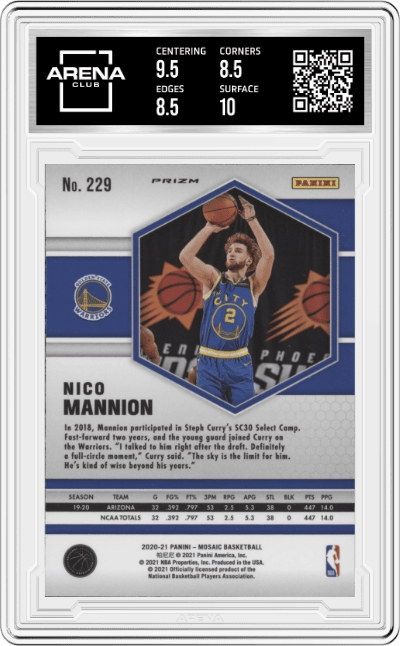 Nico Mannion from the 2020-21 Panini Mosaic set featuring a Reactive Yellow parallel graded by Arena Club and given an overall grade of 9.