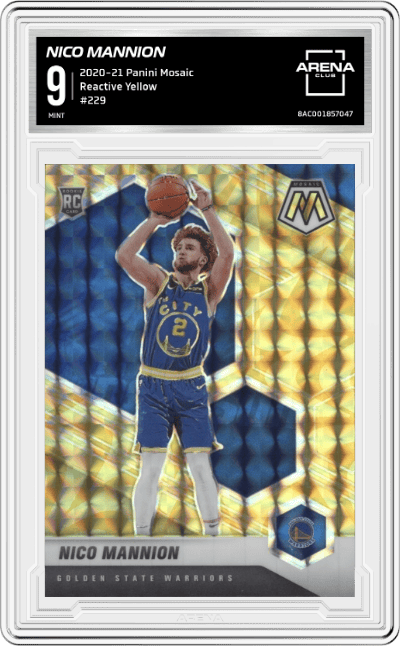 Nico Mannion from the 2020-21 Panini Mosaic set featuring a Reactive Yellow parallel graded by Arena Club and given an overall grade of 9.