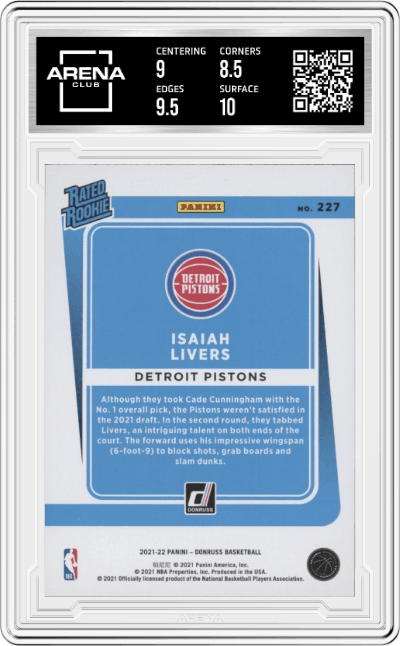 Isaiah Livers from the 2021-22 Panini Donruss set featuring a Orange Holo Laser parallel graded by Arena Club and given an overall grade of 9.