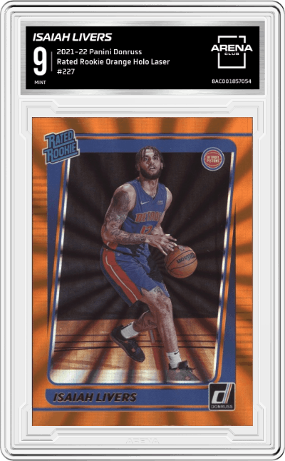 Isaiah Livers from the 2021-22 Panini Donruss set featuring a Orange Holo Laser parallel graded by Arena Club and given an overall grade of 9.