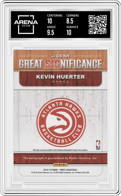 Kevin Huerter from the 2018-19 Panini NBA Hoops Basketball set graded by Arena Club and given an overall grade of 9.