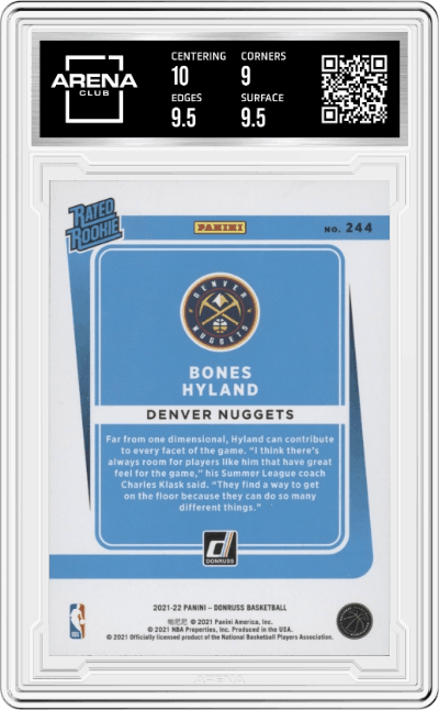 Bones Hyland from the 2021-22 Panini Donruss set featuring a Orange Holo Laser parallel graded by Arena Club and given an overall grade of 9.5.