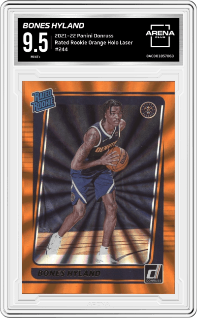 Bones Hyland from the 2021-22 Panini Donruss set featuring a Orange Holo Laser parallel graded by Arena Club and given an overall grade of 9.5.