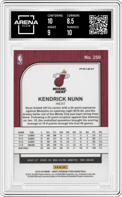 Kendrick Nunn from the 2019-20 Panini Hoops Premium Stock set featuring a Green  parallel graded by Arena Club and given an overall grade of 9.