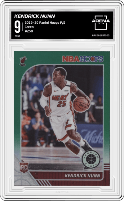 Kendrick Nunn from the 2019-20 Panini Hoops Premium Stock set featuring a Green  parallel graded by Arena Club and given an overall grade of 9.
