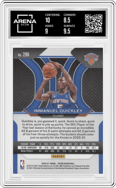Immanuel Quickley from the 2020-21 Panini Prizm set graded by Arena Club and given an overall grade of 9.