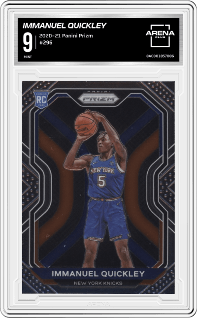 Immanuel Quickley from the 2020-21 Panini Prizm set graded by Arena Club and given an overall grade of 9.