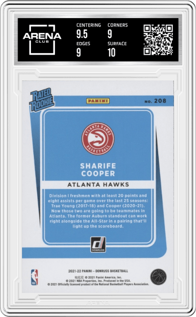 Sharife Cooper from the 2021-22 Panini Donruss set featuring a Orange Holo Laser parallel graded by Arena Club and given an overall grade of 9.5.