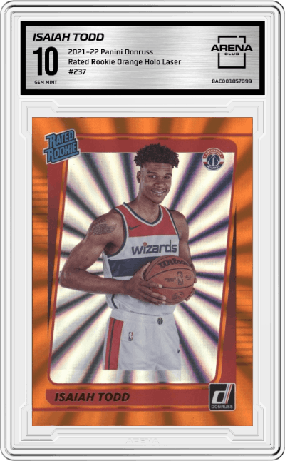 Isaiah Todd from the 2021-22 Panini Donruss set featuring a Orange Holo Laser parallel graded by Arena Club and given an overall grade of 10.