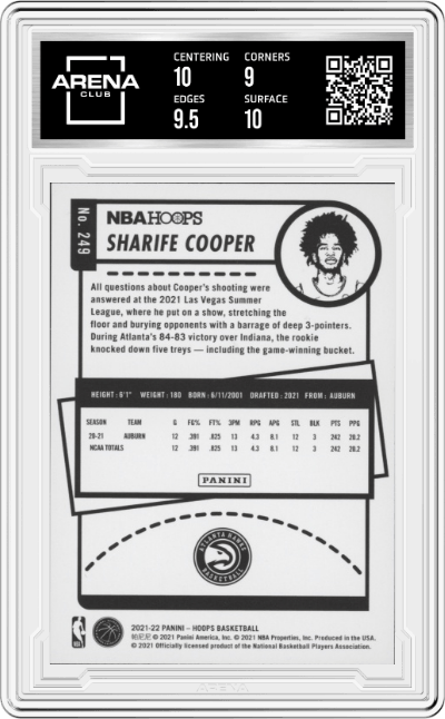 Sharife Cooper from the 2021-22 Panini NBA Hoops set featuring a Yellow parallel graded by Arena Club and given an overall grade of 9.5.