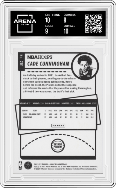 Cade Cunningham from the 2021-22 Panini NBA Hoops set graded by Arena Club and given an overall grade of 9.5.