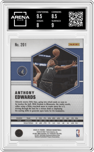 Anthony Edwards from the 2020-21 Panini Mosaic set graded by Arena Club and given an overall grade of 8.5.