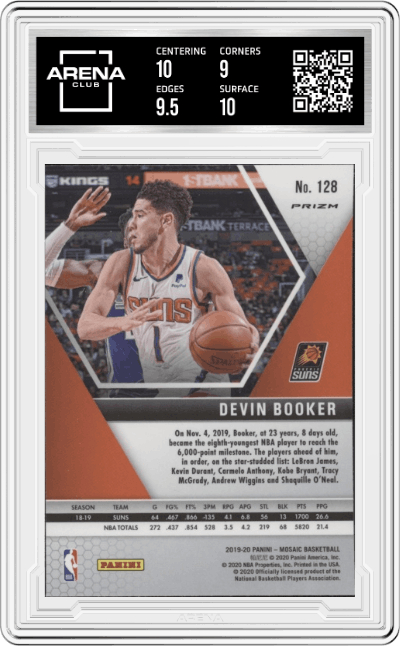 Devin Booker from the 2019-20 Panini Mosaic  set featuring a Silver Mosaic parallel graded by Arena Club and given an overall grade of 9.5.