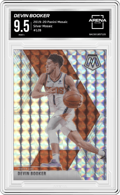 Devin Booker from the 2019-20 Panini Mosaic  set featuring a Silver Mosaic parallel graded by Arena Club and given an overall grade of 9.5.