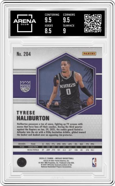 Tyrese Haliburton from the 2020-21 Panini Mosaic set graded by Arena Club and given an overall grade of 9.