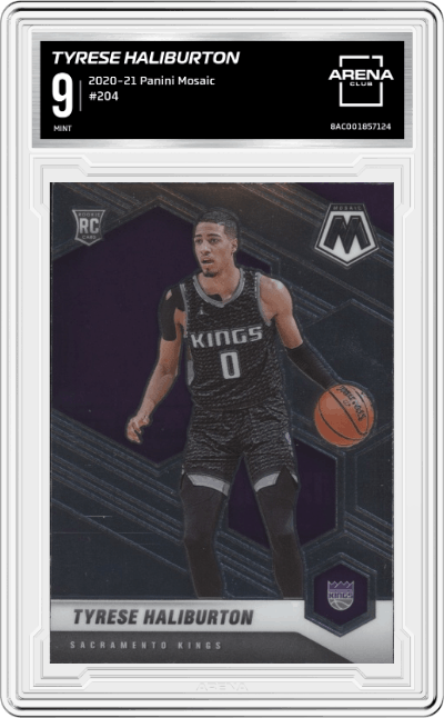 Tyrese Haliburton from the 2020-21 Panini Mosaic set graded by Arena Club and given an overall grade of 9.