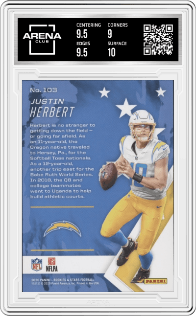 Justin Herbert from the 2020 Panini Rookies & Stars set graded by Arena Club and given an overall grade of 9.5.