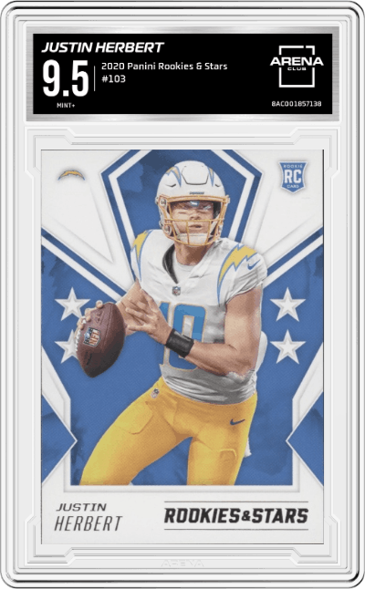 Justin Herbert from the 2020 Panini Rookies & Stars set graded by Arena Club and given an overall grade of 9.5.