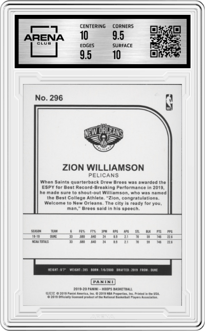 Zion Williamson from the 2019-20 Panini NBA Hoops set graded by Arena Club and given an overall grade of 10.