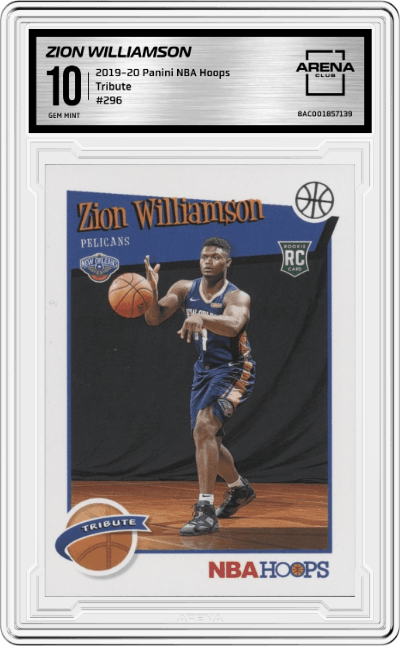 Zion Williamson from the 2019-20 Panini NBA Hoops set graded by Arena Club and given an overall grade of 10.