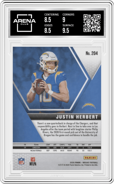 Justin Herbert from the 2020 Panini Mosaic set graded by Arena Club and given an overall grade of 9.