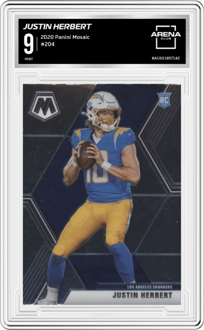 Justin Herbert from the 2020 Panini Mosaic set graded by Arena Club and given an overall grade of 9.