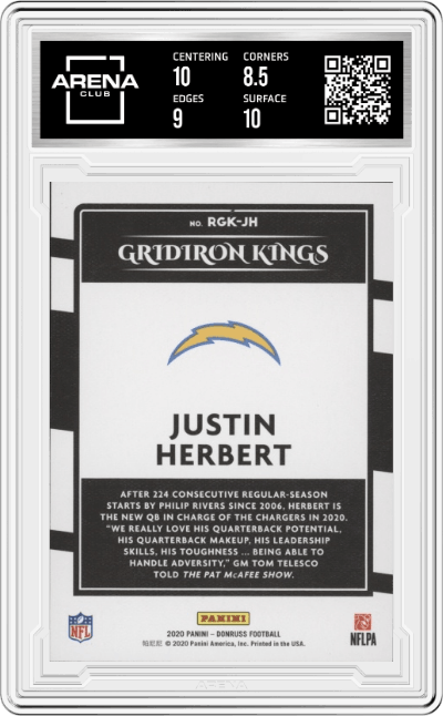 Justin Herbert from the 2020 Panini Donruss set graded by Arena Club and given an overall grade of 9.
