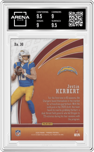 Justin Herbert from the 2020 Panini Phoenix set graded by Arena Club and given an overall grade of 9.5.