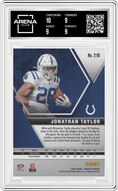 Jonathan Taylor from the 2020 Panini Mosaic set graded by Arena Club and given an overall grade of 9.5.