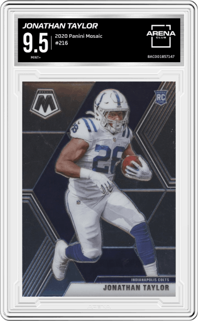 Jonathan Taylor from the 2020 Panini Mosaic set graded by Arena Club and given an overall grade of 9.5.