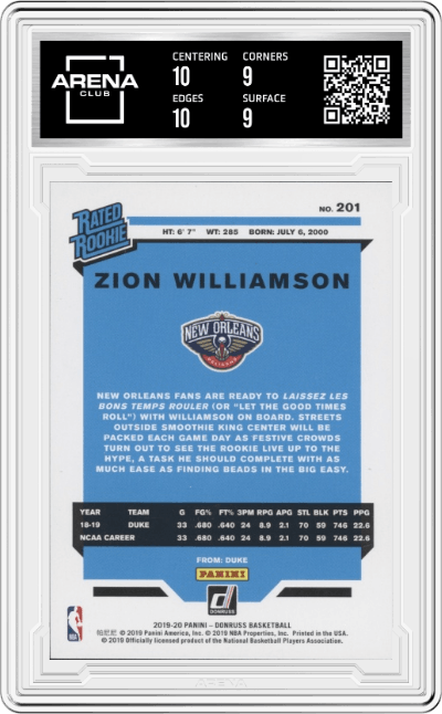 Zion Williamson from the 2019-20 Panini Donruss set graded by Arena Club and given an overall grade of 9.5.