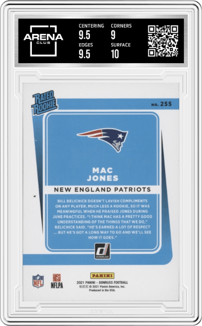 Mac Jones from the 2021 Panini Donruss set featuring a Purple parallel graded by Arena Club and given an overall grade of 9.5.