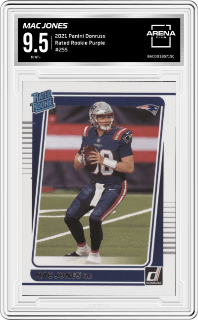 Mac Jones from the 2021 Panini Donruss set featuring a Purple parallel graded by Arena Club and given an overall grade of 9.5.