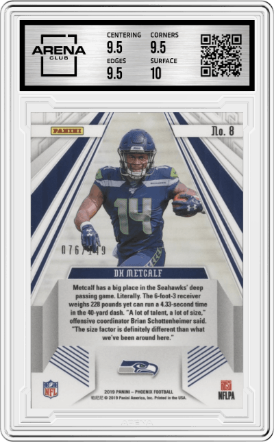 DK Metcalf from the 2019 Panini Phoenix set featuring a Purple parallel graded by Arena Club and given an overall grade of 10.