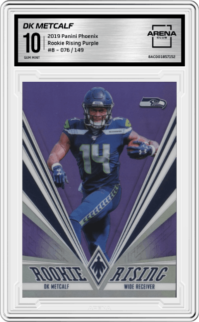DK Metcalf from the 2019 Panini Phoenix set featuring a Purple parallel graded by Arena Club and given an overall grade of 10.
