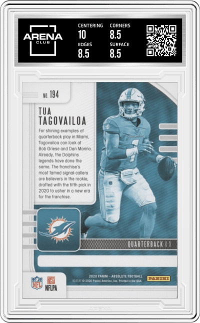 Tua Tagovailoa from the 2020 Panini Absolute set graded by Arena Club and given an overall grade of 9.