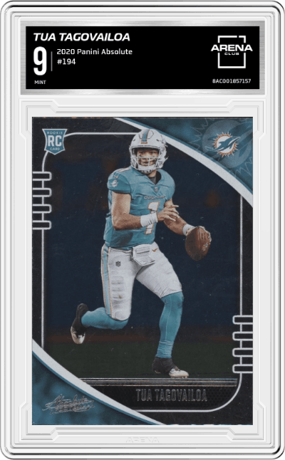 Tua Tagovailoa from the 2020 Panini Absolute set graded by Arena Club and given an overall grade of 9.