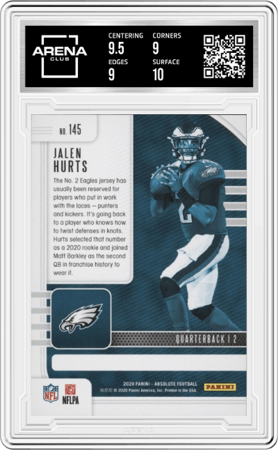 Jalen Hurts from the 2020 Panini Absolute set graded by Arena Club and given an overall grade of 9.5.