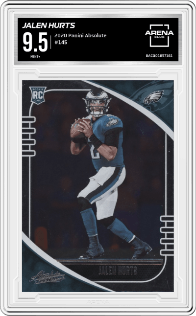 Jalen Hurts from the 2020 Panini Absolute set graded by Arena Club and given an overall grade of 9.5.