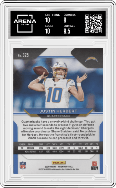 Justin Herbert from the 2020 Panini Prizm set graded by Arena Club and given an overall grade of 9.5.