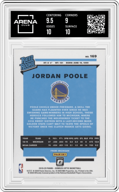 Jordan Poole from the 2019-20 Panini Donruss Optic set graded by Arena Club and given an overall grade of 9.5.