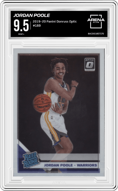 Jordan Poole from the 2019-20 Panini Donruss Optic set graded by Arena Club and given an overall grade of 9.5.