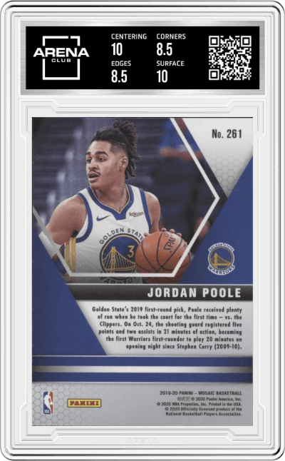 Jordan Poole from the 2019-20 Panini Mosaic  set graded by Arena Club and given an overall grade of 9.