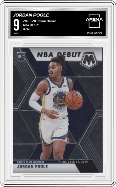 Jordan Poole from the 2019-20 Panini Mosaic  set graded by Arena Club and given an overall grade of 9.